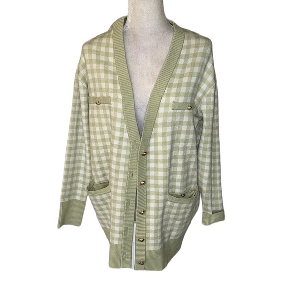 JOIE Green Gingham Checker Plaid Gold Button Front Cardigan - M - Picture 12 of 12